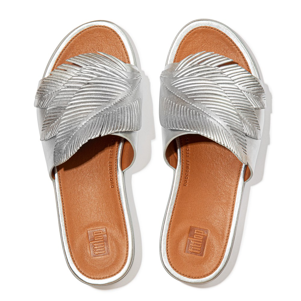 Fitflop Womens Slides Silver - Sola Feather Metallic Leather - BX1502934